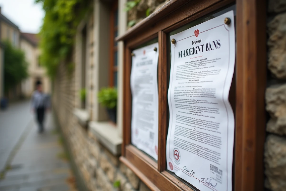 Affichage officiel d'une publication de bans de mariage sur le panneau d'affichage extérieur d'une mairie en France