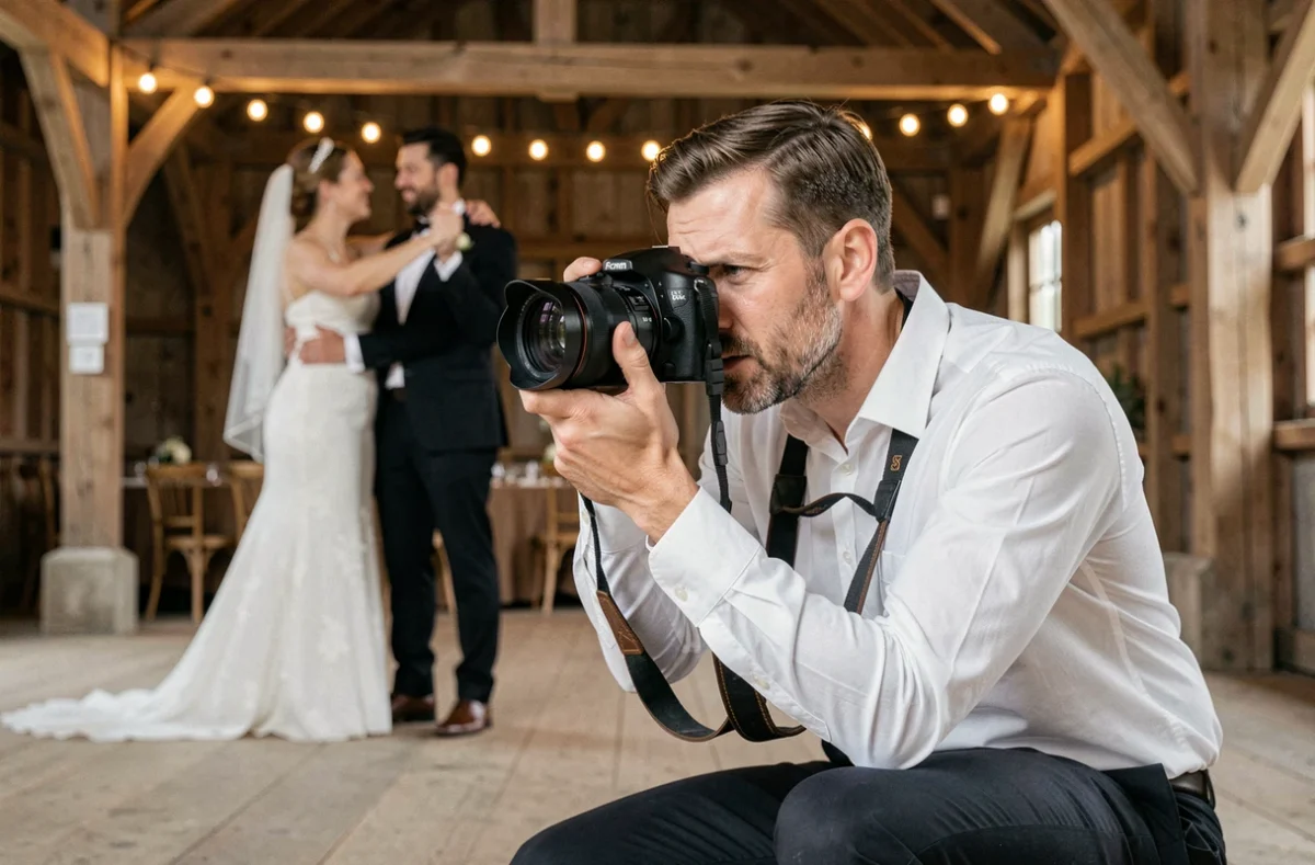 Alexandre Baudet Labiano photographiant la première danse d'un couple dans une grange rénovée de l'Oise