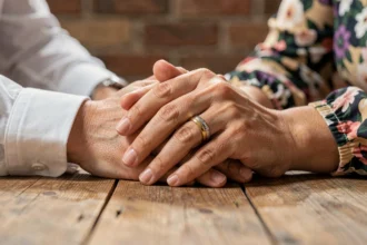 Deux mains d'un couple mixte portant des alliances, l'une à droite et l'autre à gauche, symbole de compromis culturel dans le mariage