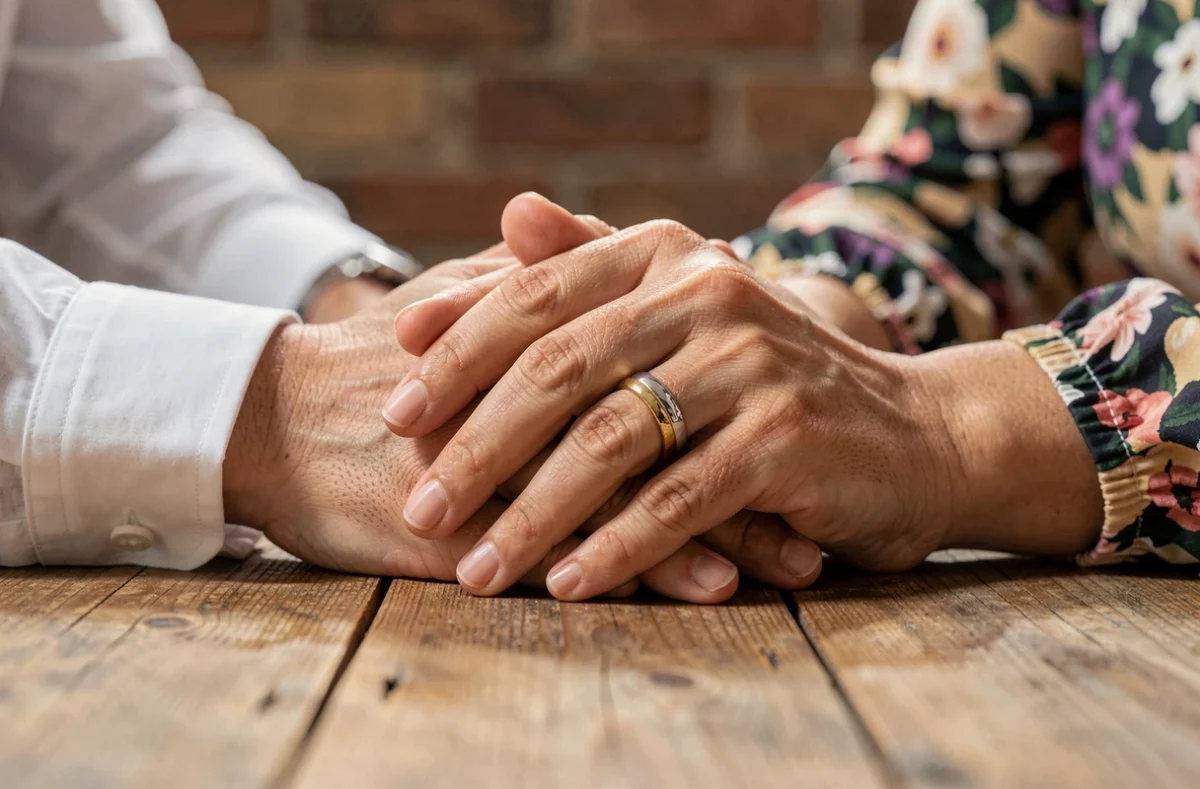Deux mains d'un couple mixte portant des alliances, l'une à droite et l'autre à gauche, symbole de compromis culturel dans le mariage