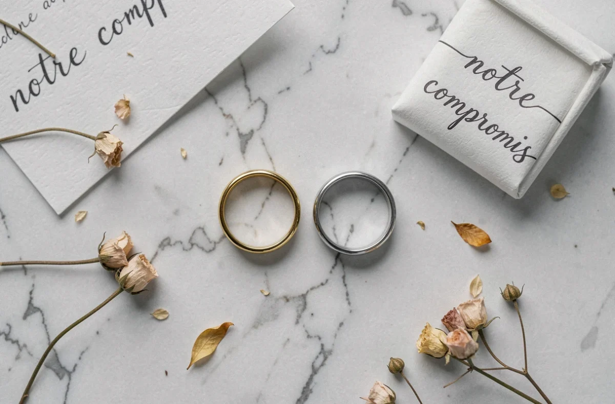 Deux alliances en or jaune et blanc posées sur marbre blanc avec boîte à bijoux et note manuscrite symbolisant le compromis dans un mariage mixte