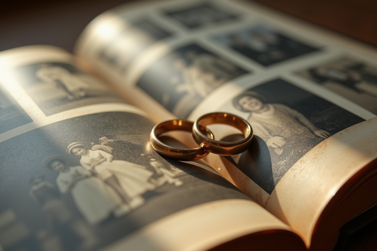 Alliances de mariage sur un album photo nostalgique