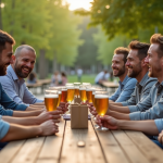 Groupe d'amis riant dans un jardin de bière pour l'article {titre}