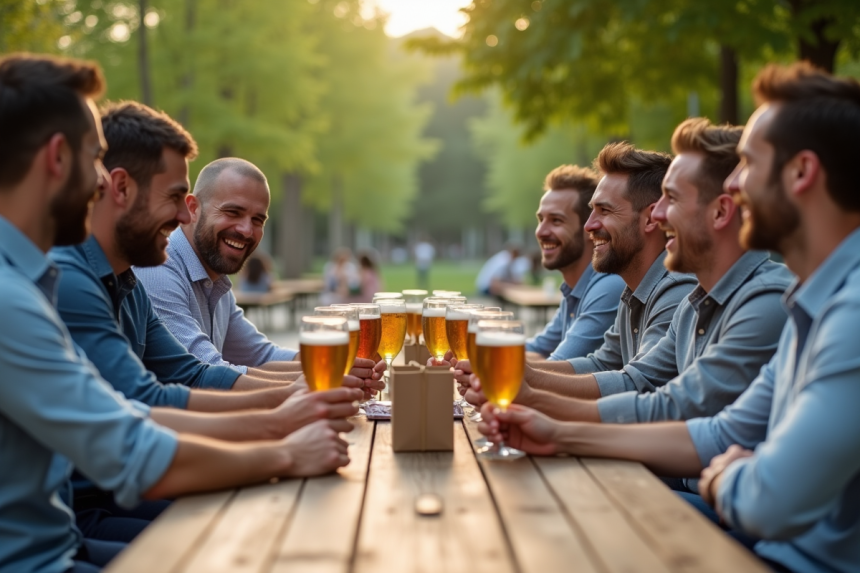 Groupe d'amis riant dans un jardin de bière pour l'article {titre}
