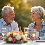 Couple mature célébrant anniversaire en plein air