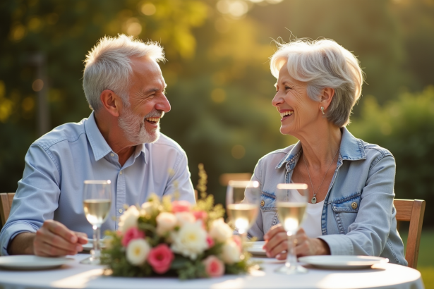 Couple mature célébrant anniversaire en plein air
