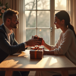 Couple échangeant des cadeaux en cuir pour anniversaire de mariage