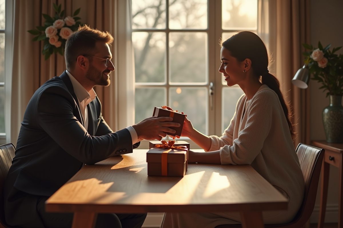 Couple échangeant des cadeaux en cuir pour anniversaire de mariage