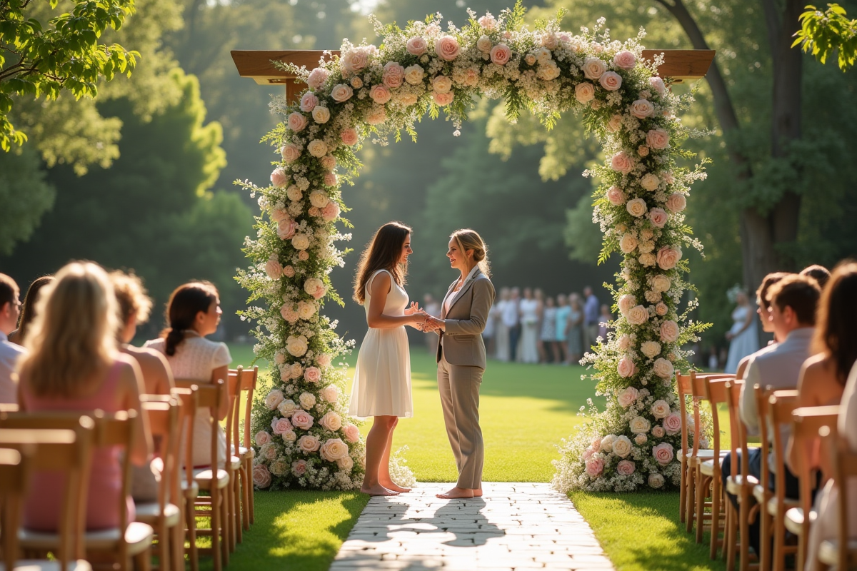 Une arche de mariage créative en plein air avec organisatrice et fleurs pastel