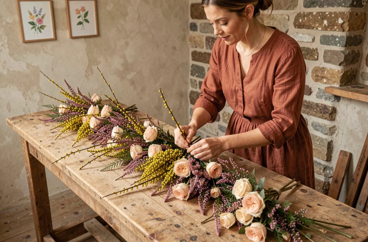Fleuriste de l'Atelier Ajonc créant un chemin de table de mariage avec ajoncs, bruyère et roses champagne