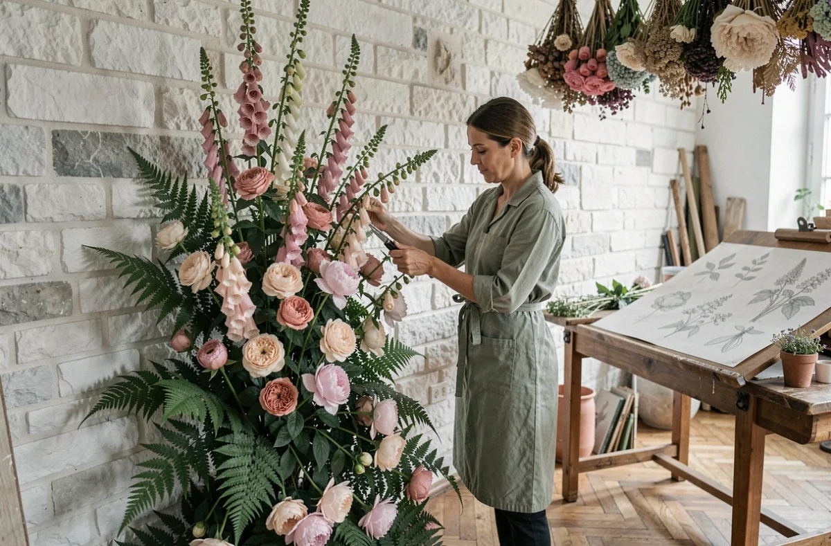 Fleuriste de L'Atelier Fleuri arrangeant une installation florale de cérémonie avec renards des bois et pivoines