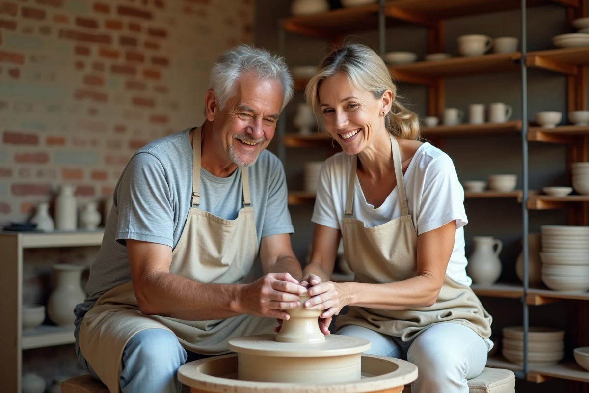 Couple créant une poterie dans un atelier chaleureux