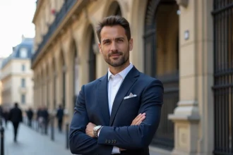Homme politique élégant en costume marine devant un bâtiment parisien classique, illustrant un article sur Benjamin Haddad et sa vie de couple
