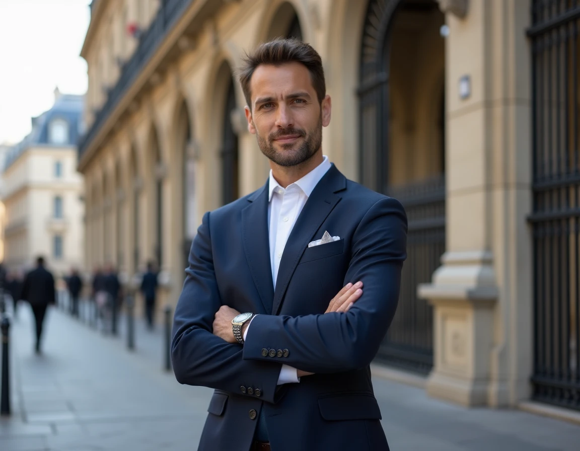 Homme politique élégant en costume marine devant un bâtiment parisien classique, illustrant un article sur Benjamin Haddad et sa vie de couple