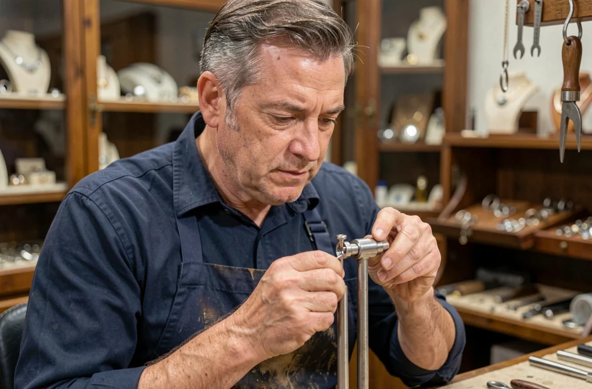 Bijoutier professionnel mesurant une bague sur un mandrin métallique en atelier