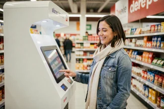 Femme utilisant une borne photo libre-service dans un supermarché Leclerc en 2026