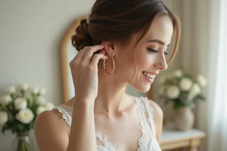 Mariée portant une boucle d'oreille en or le jour de son mariage dans une loge nuptiale