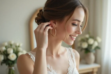 Mariée portant une boucle d'oreille en or le jour de son mariage dans une loge nuptiale