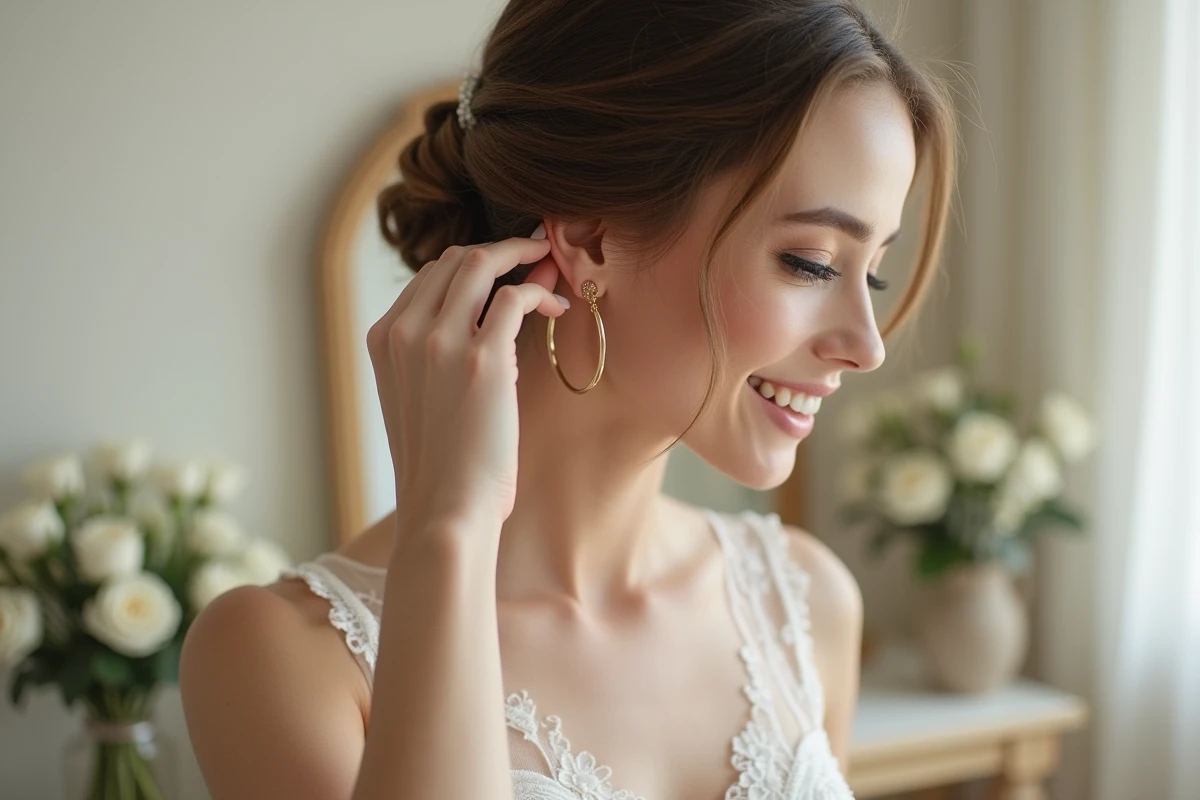 Mariée portant une boucle d'oreille en or le jour de son mariage dans une loge nuptiale