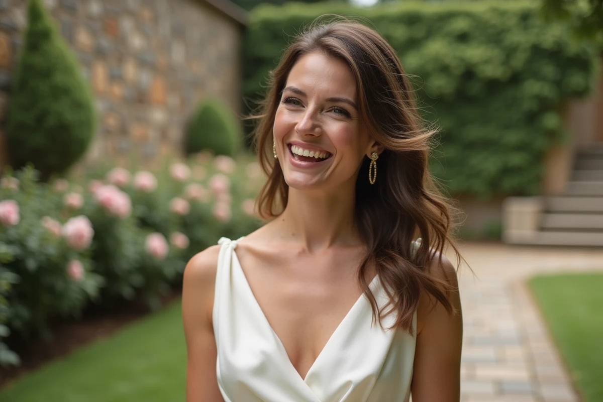 Femme mariée aux cheveux ondulés portant des créoles dorées dans un cadre de jardin fleuri