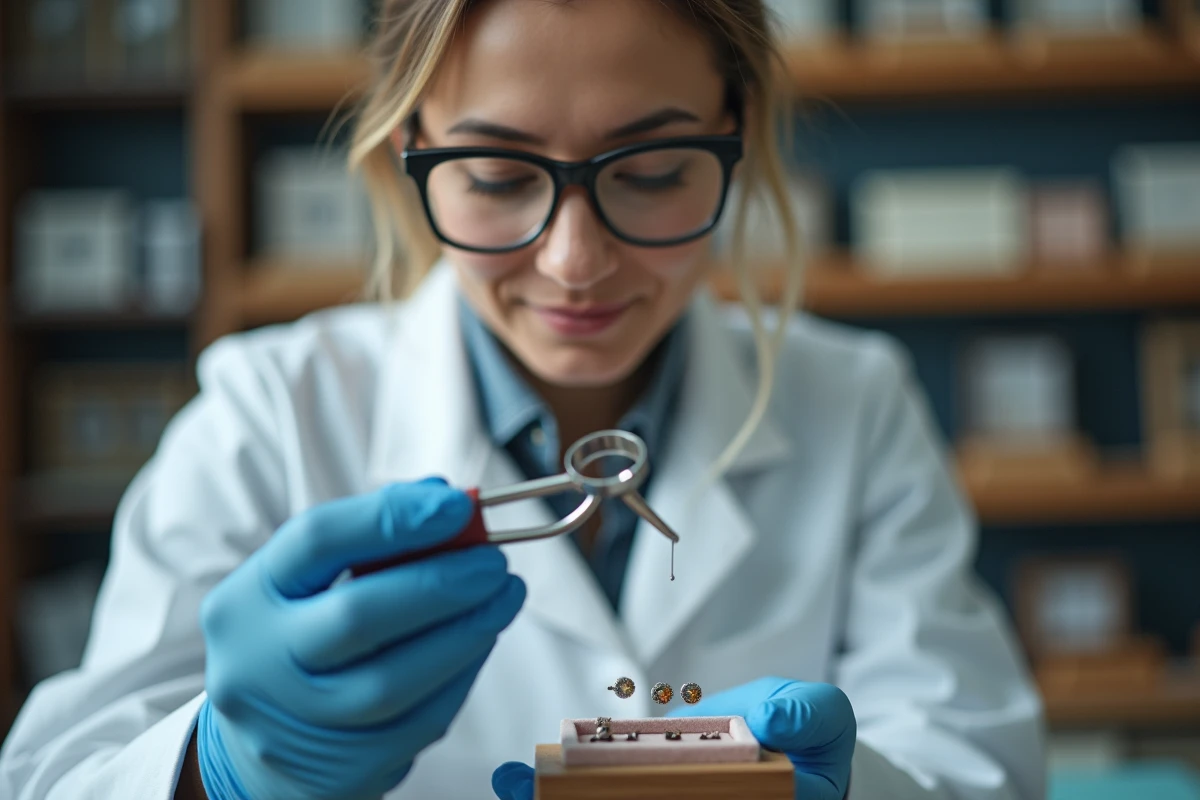 Bijoutière examinant des boucles d'oreilles hypoallergéniques en titane dans un atelier de joaillerie