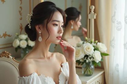 Mariée avec un chignon élégant portant des boucles d'oreilles chandelier en perles devant un miroir de loge