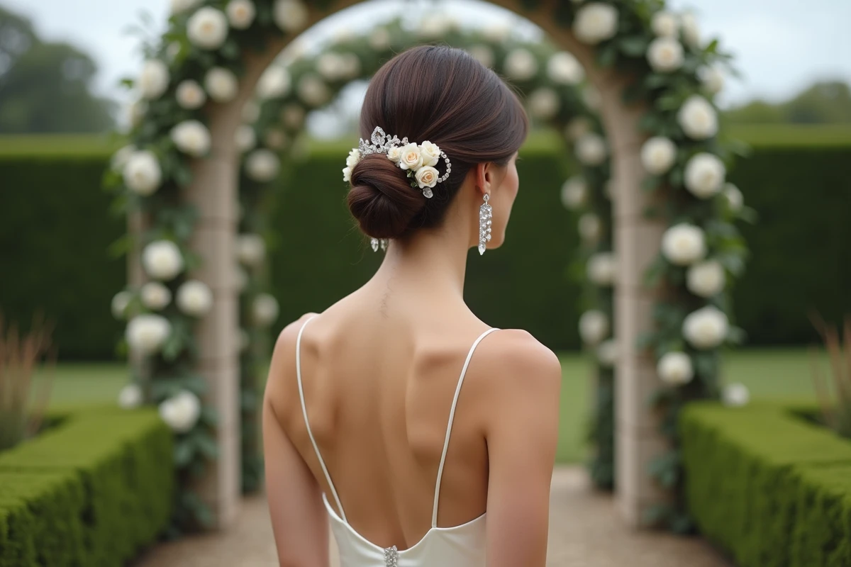 Mariée de dos avec un chignon bas et des boucles d'oreilles pendantes en cristal chandelier, robe en soie à bretelles fines dans un jardin fleuri