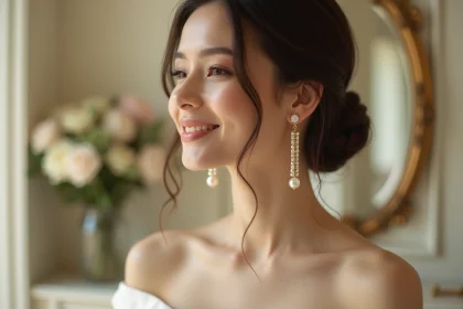Jeune mariée portant un chignon bas avec de longues boucles d'oreilles pendantes en perles et or, robe de mariée à épaules dénudées