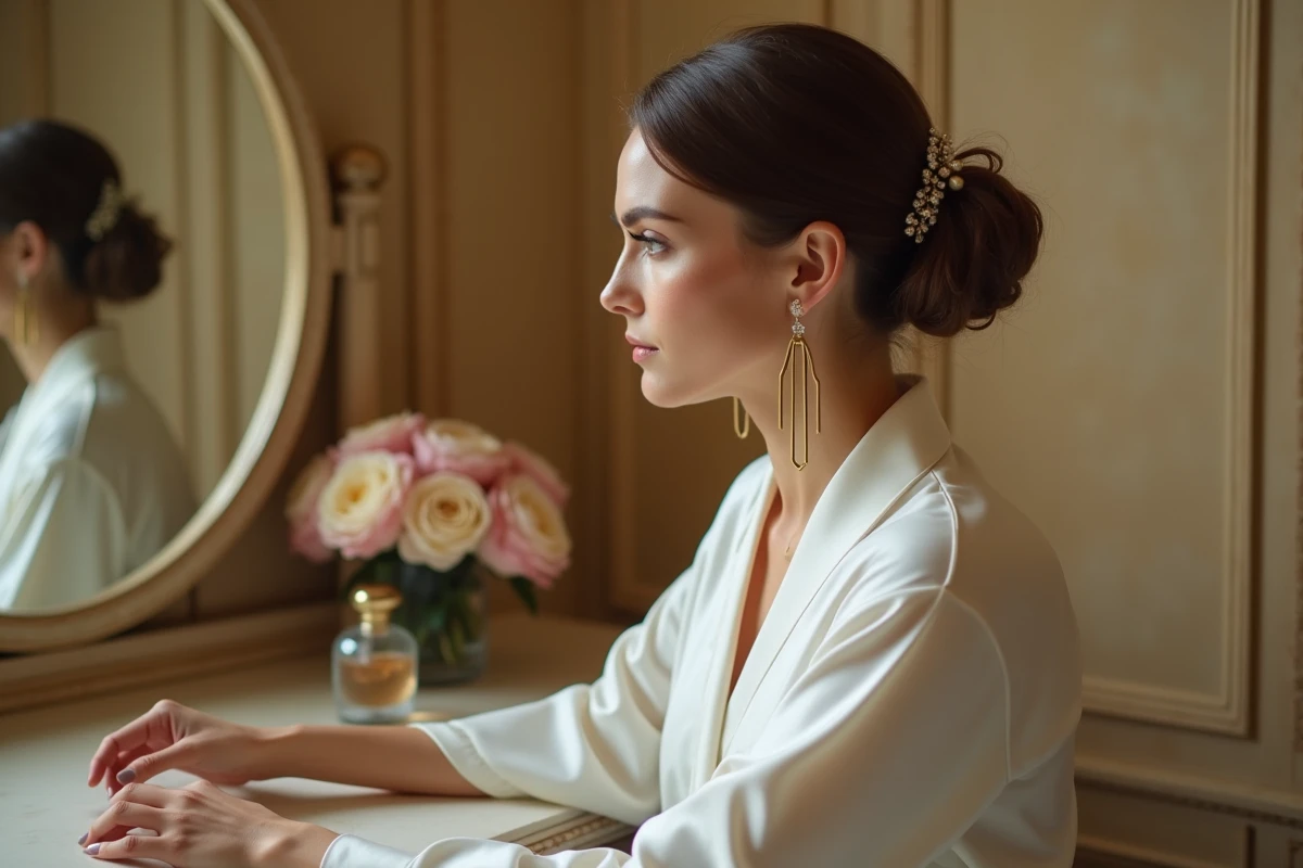 Mariée assise devant une coiffeuse vintage portant des boucles d'oreilles pendantes géométriques en or mat avec un chignon bas texturé, ambiance préparatifs mariage