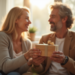 Couple marié échangeant cadeaux en bois dans un salon lumineux