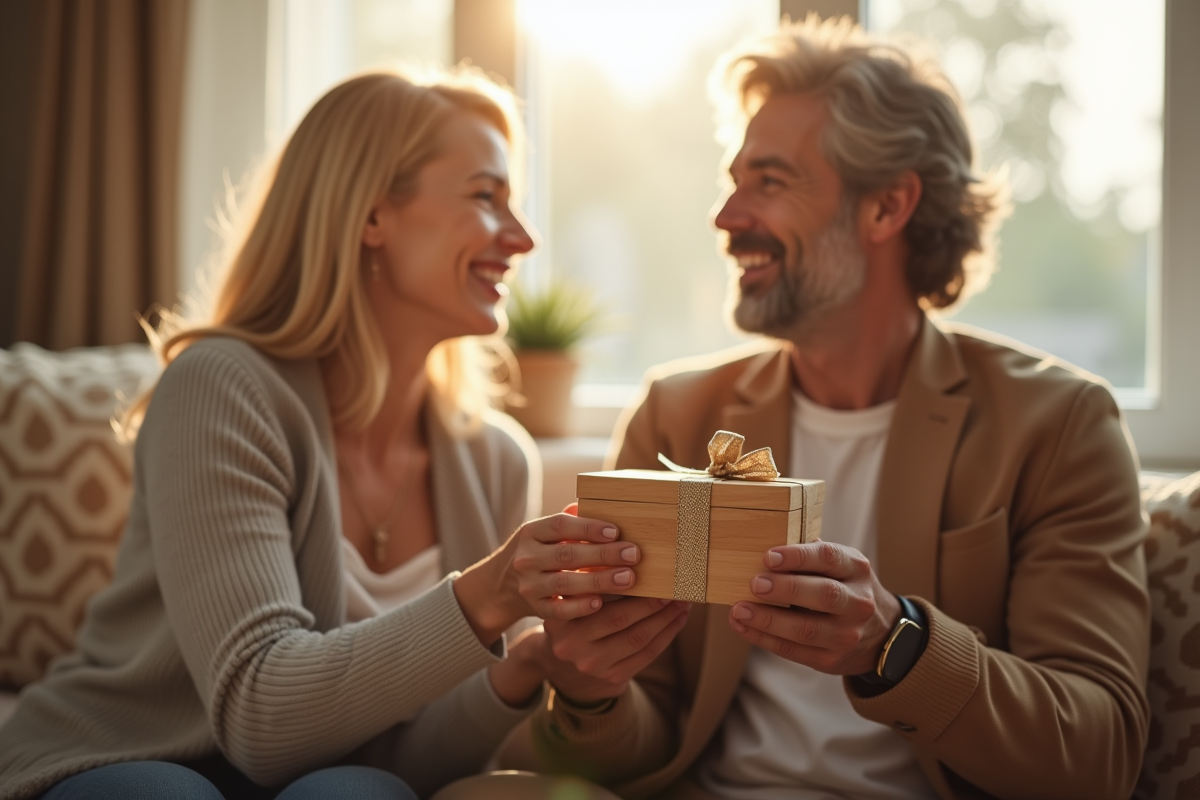 Couple marié échangeant cadeaux en bois dans un salon lumineux