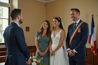 Cérémonie de mariage civil en mairie de petite ville avec deux témoins aux côtés des mariés devant le maire en écharpe tricolore