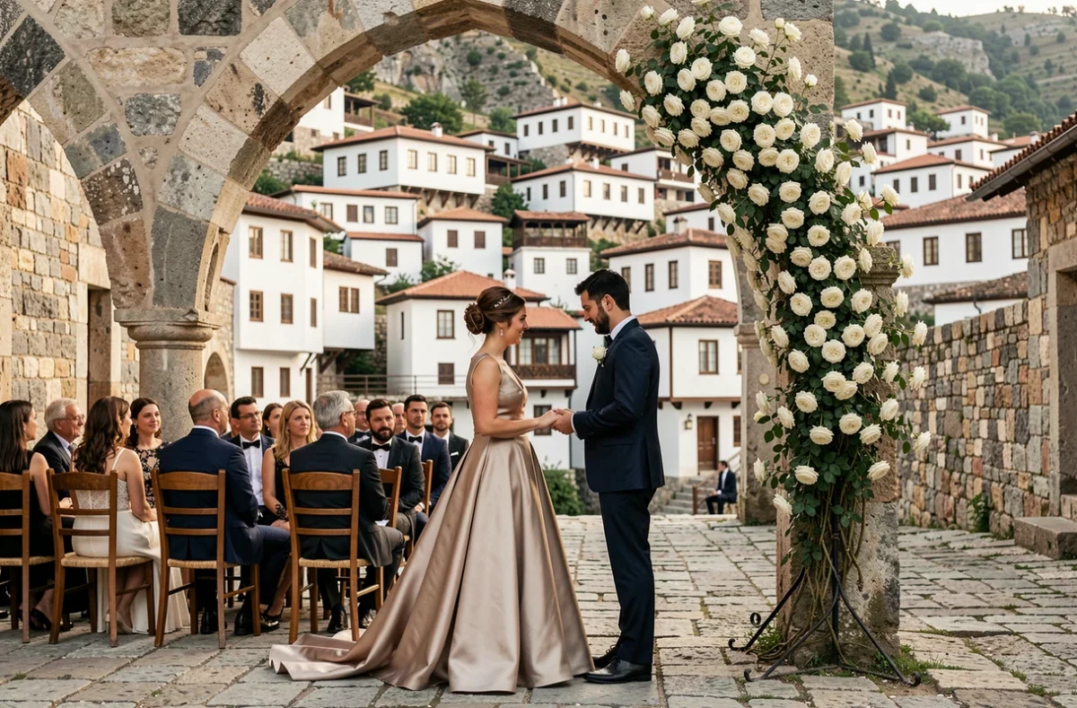 Cérémonie de mariage dans le quartier historique ottoman de Berat en Albanie avec vue sur les maisons blanches