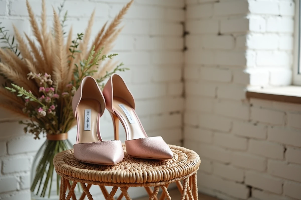 Chaussures de mariage blush posées avec bouquet de fleurs