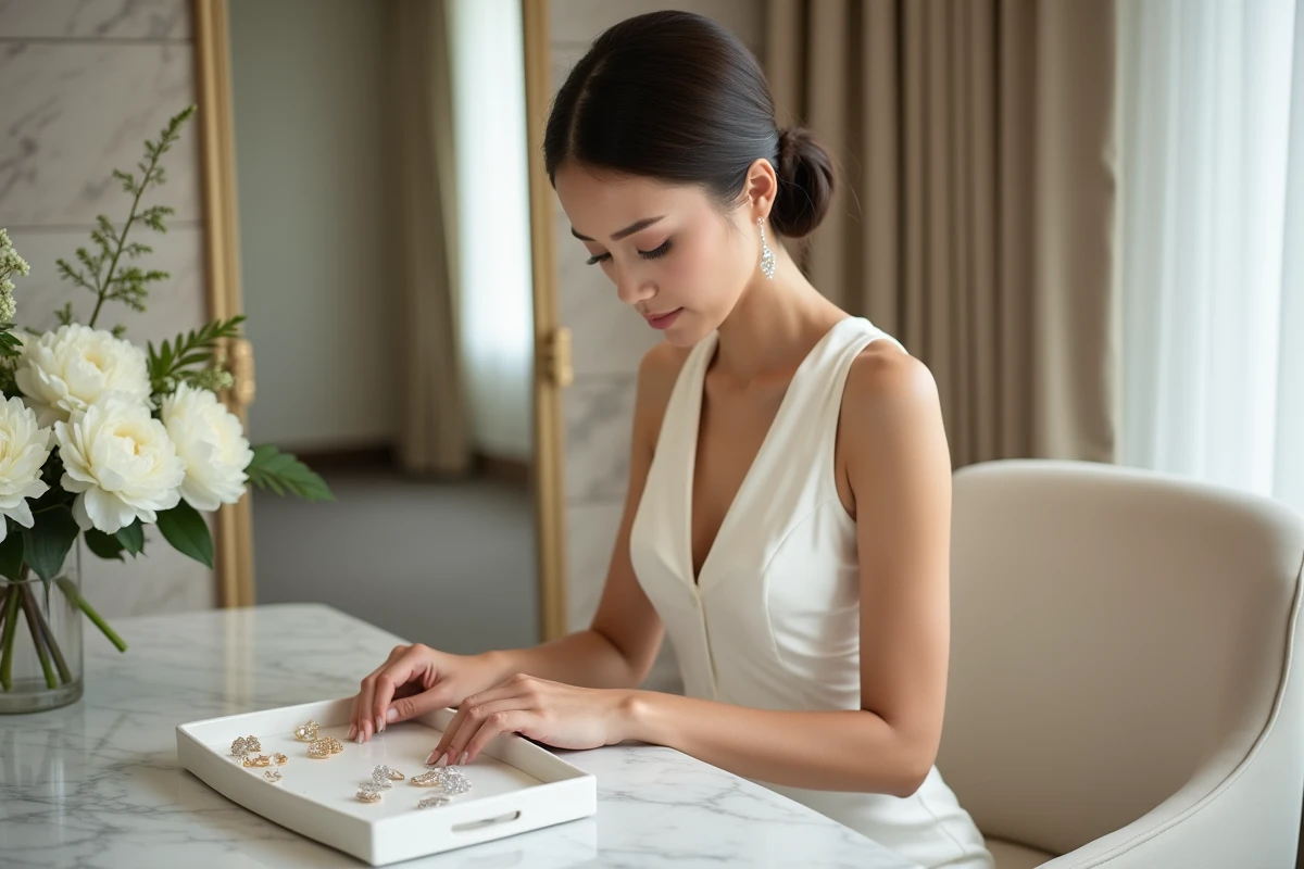 Mariée au chignon bas choisissant ses boucles d'oreilles sur un plateau bijoux dans une suite hôtelière