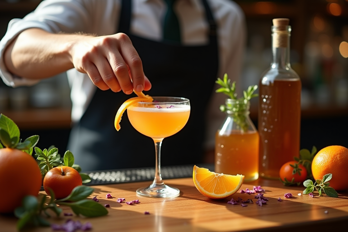 Cocktail avec orange et herbes fraîches dans un verre en cristal
