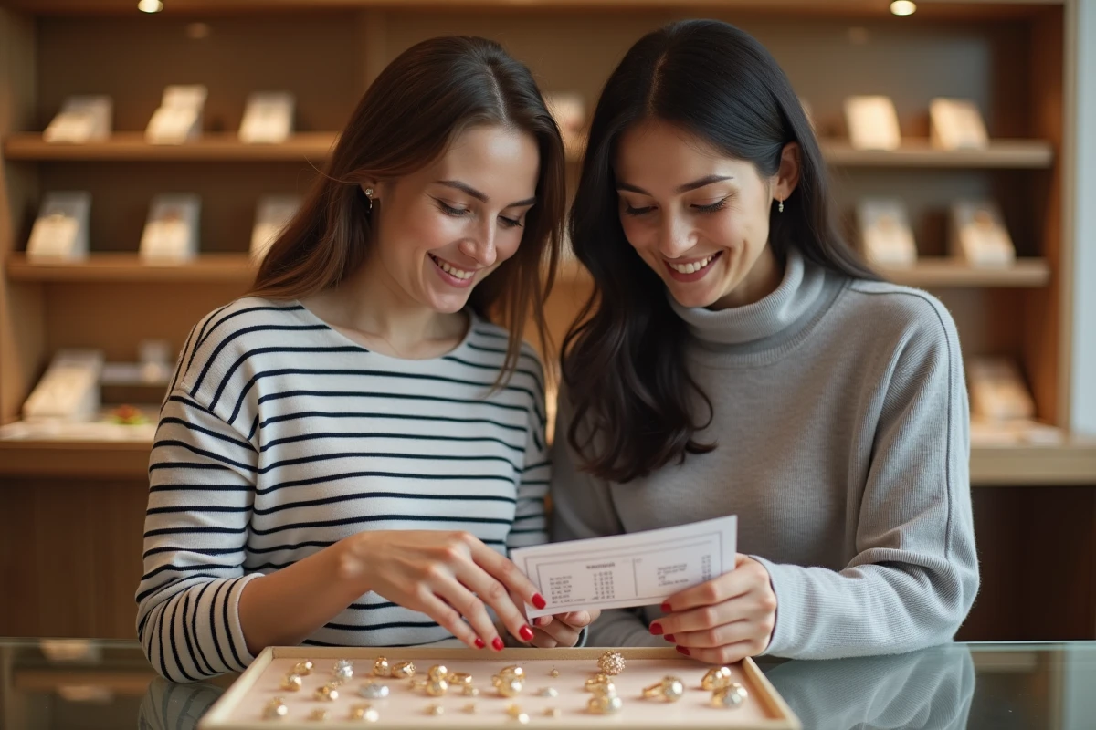 Deux femmes comparant des bagues et un tableau d'équivalence des tailles dans une bijouterie
