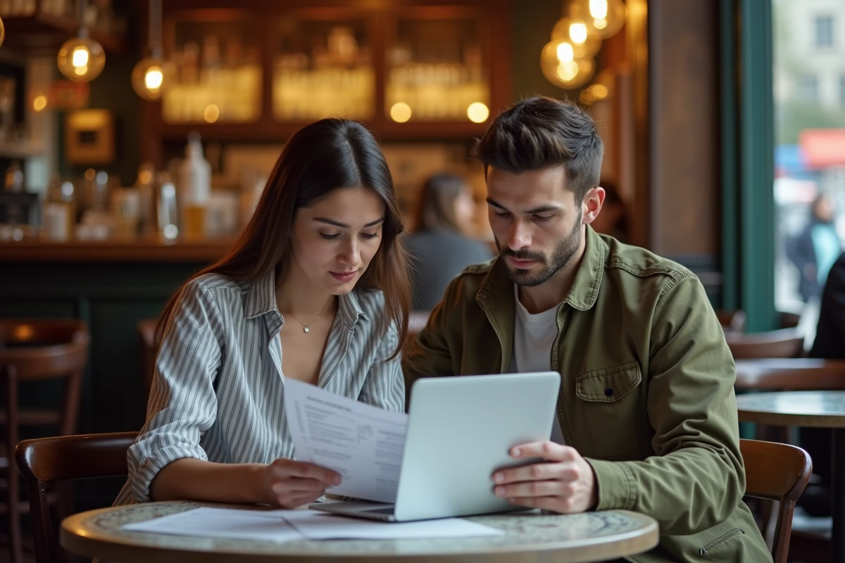 Couple réfléchissant dans un café parisien aux démarches administratives pour se marier au Danemark ou en France, documents et ordinateur sur la table