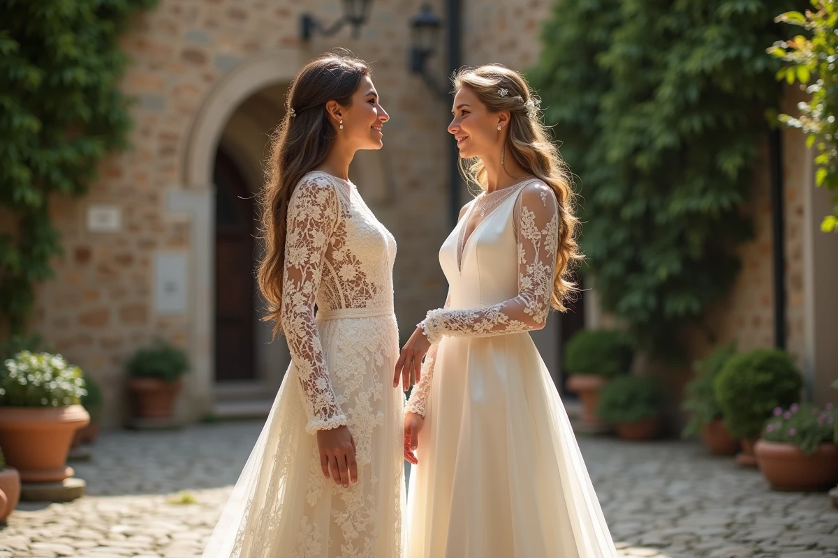 Comparaison robe de mariée dentelle manches longues et robe satin épuré, deux mariées côte à côte dans une cour de chapelle en pierre