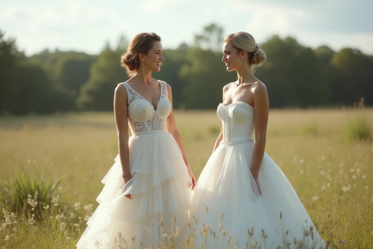Deux mariées en robes de mariage gitanes différentes, coupe princesse et robe de bal, comparaison des silhouettes en extérieur dans un décor champêtre