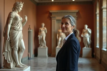 Conservatrice de musée observant une statue antique en marbre d'Héra dans une galerie classique