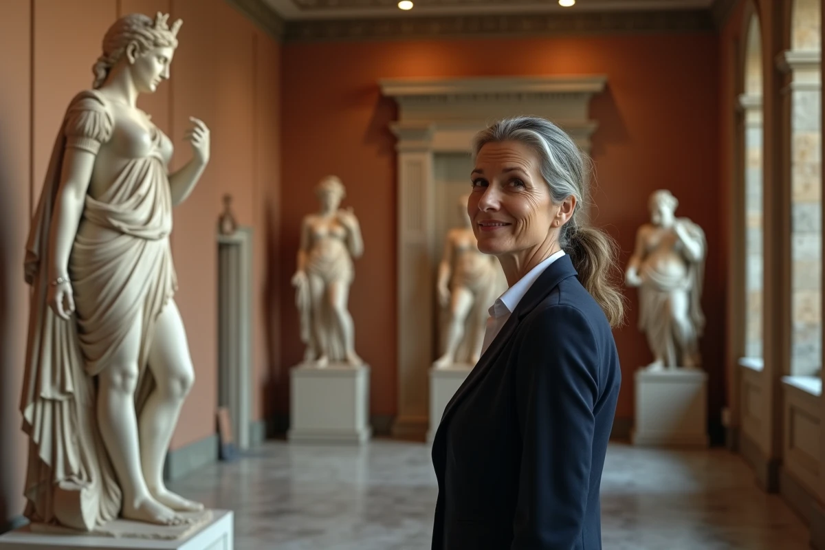 Conservatrice de musée observant une statue antique en marbre d'Héra dans une galerie classique