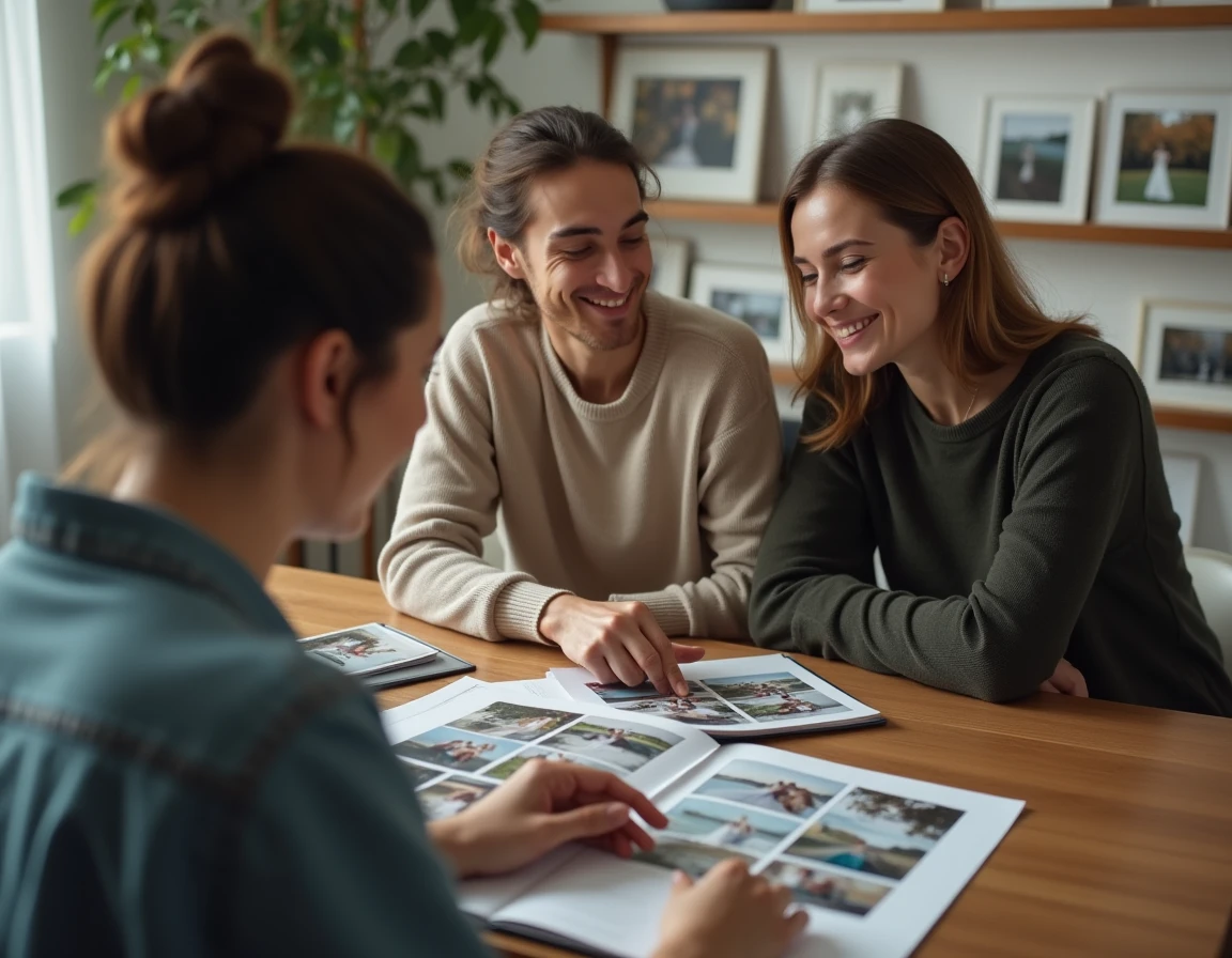 Couple en consultation avec une photographe pour choisir un photographe à Lagny-sur-Marne