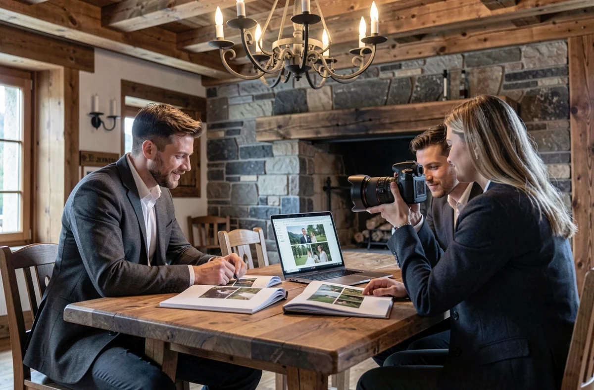 Réunion de consultation avec un photographe de mariage en chalet savoyard pour présenter un portfolio en Haute-Savoie