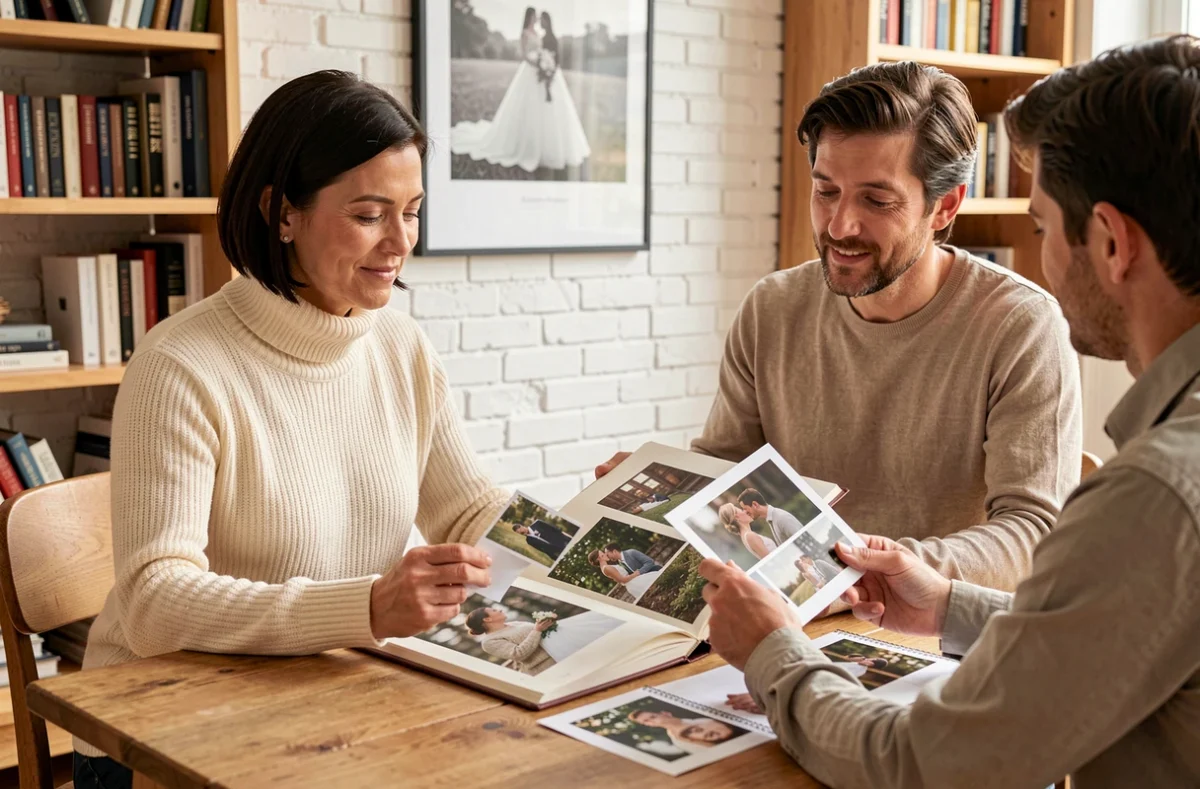 Consultation avec une photographe de mariage dans un studio parisien, couple examinant un portfolio de photos