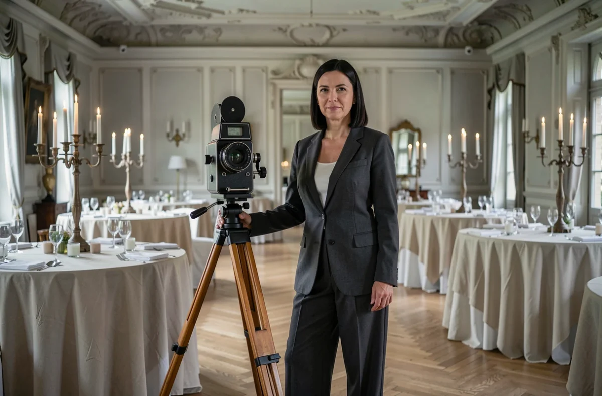 Coralimage, photographe de mariage, debout avec un appareil vintage dans un salon de réception d'un manoir français