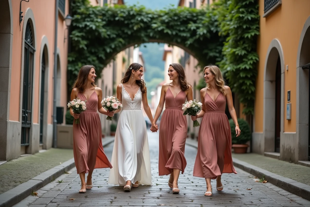 Cortège de mariées marchant dans les ruelles pavées d'Annecy photographié par Little Story en Rhône-Alpes