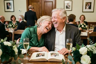 Couple fêtant leurs 40 ans de mariage avec un texte humoristique lors d'un dîner de noces d'émeraude