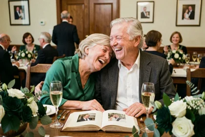 Couple fêtant leurs 40 ans de mariage avec un texte humoristique lors d'un dîner de noces d'émeraude