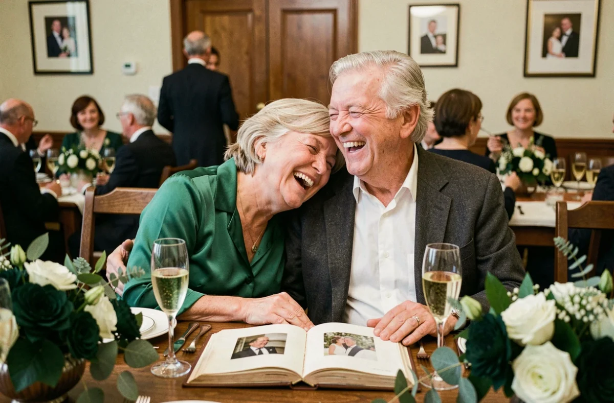 Couple fêtant leurs 40 ans de mariage avec un texte humoristique lors d'un dîner de noces d'émeraude